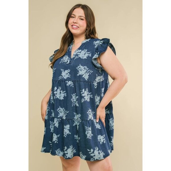 Plus Size Printed Demin Mini Dress - Picture 4 of 8